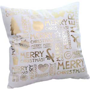 Fundas para cojines de navidad doradas y blancos con motivos típicos.
