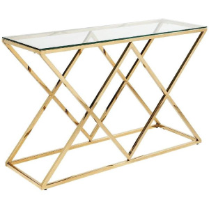 Consola de recibidor en dorado y cristal de estilo luxury para vestíbulo.