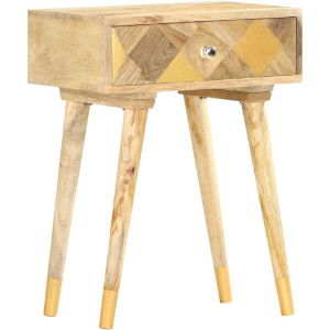 Mesa de noche dorada con madera, para dormitorio.