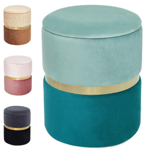 Taburete bajo tipo puff en dorado y azul, rosa, crudo o gris.