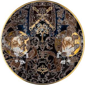 Bajoplato dorado y negro de porcelana con diseño original.
