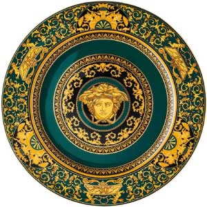 Bajo plato dorado y verde con flores, original, de porcelana.