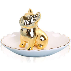 Bandeja para joyas en dorado y blanco con forma de bulldog de porcelana.