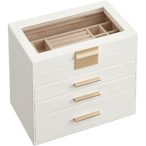 Organizador de joyas y bisutería en dorado y blanco.
