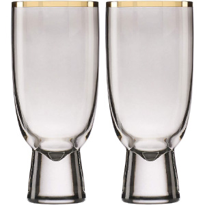 Juego de copas altas de cristal gris con borde dorado de lujo.