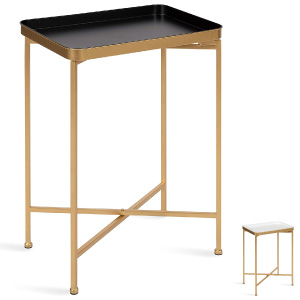 Mesa auxiliar dorada de metal de diseño, plegable con bandeja.