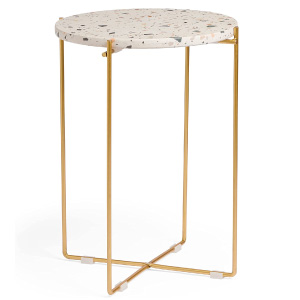 Mesita auxiliar redonda de madera y metal dorado de diseño moderno.