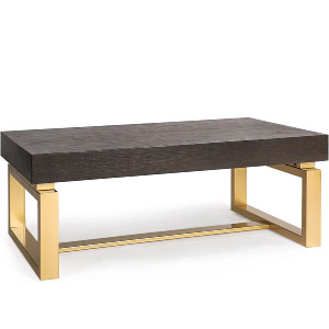Mesa de centro de madera de roble oscura y metal dorado, con forma rectangular, de diseño.