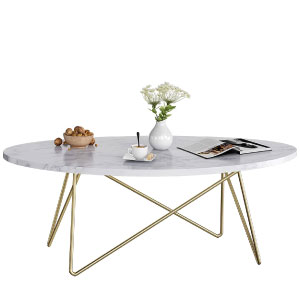 Mesa de centro dorada y blanca barata, con forma ovalada.