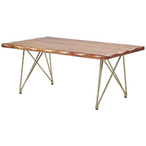 Mesa de centro de madera maciza con patas doradas, rectangular.