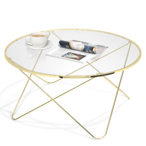 Mesa de centro dorada y cristal redonda moderna.