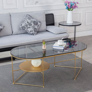 Mesa dorada para centro en cristal y metal, con bandeja de estilo moderno y creativo.