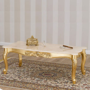 Mesa de centro o café rectangular en dorado con mármol real.
