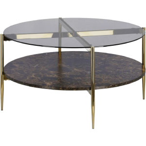 Mesa de centro redonda en cristal negro, metal dorado y madera efecto mármol marrón.