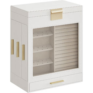 Caja joyero grande para organizar joyas en dorado y blanco.