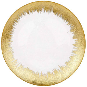 Plato de sitio, presentación o bajo plato dorado de cristal trasparente.