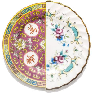 Platillo dorado, blanco y azul de porcelana, para postre, con motivos florales.