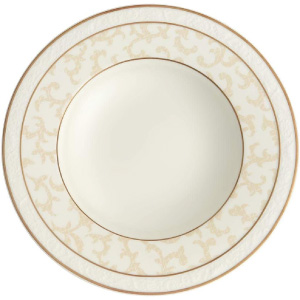 Plato hondo grande en blanco y gris con filo dorado de cerámica.
