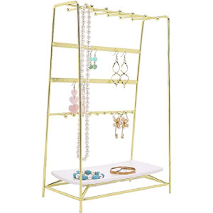 Soporte organizador de joyas en dorado y blanco.