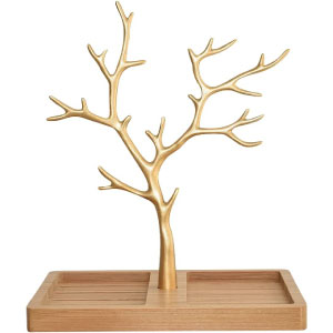 Joyero portajoyas en dorado y madera con forma de árbol.