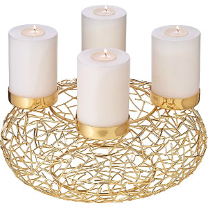 Candelabro portavelas original en color dorado, para cuatro velas de pilar.